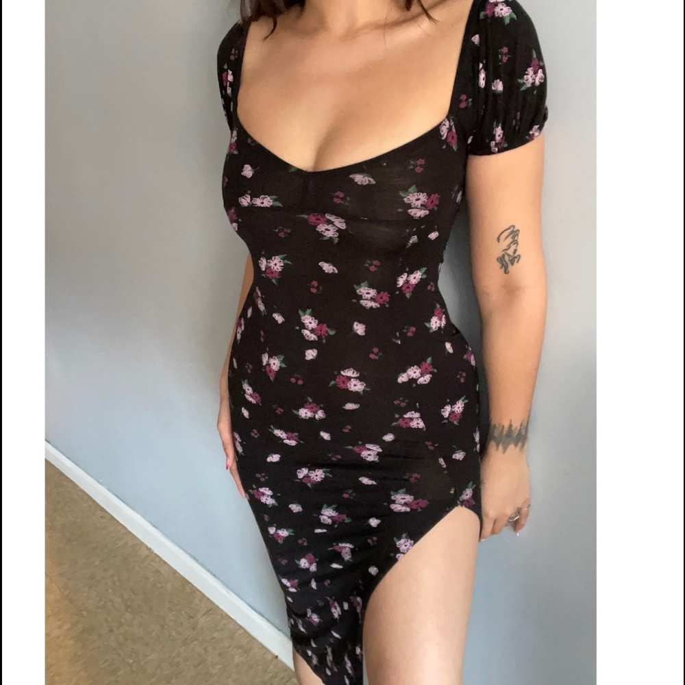 Black Floral Bardot Split Midaxi Dress (US size 0/ XS)